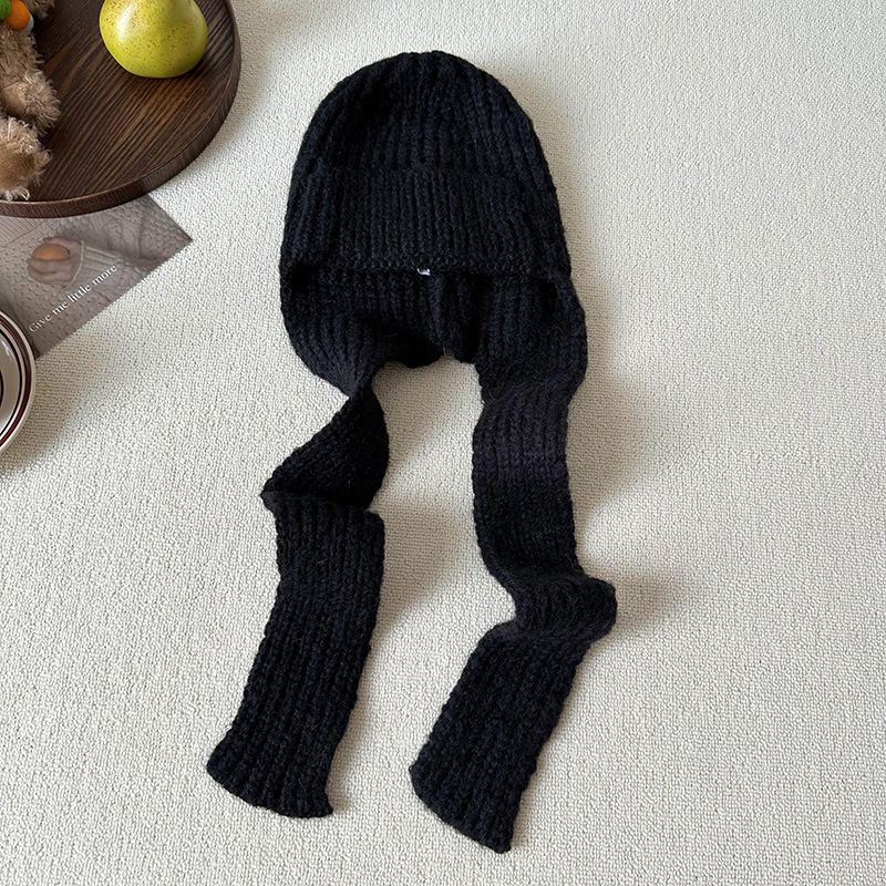 Fashion Black Polyester Knitted Scarf Integrated Beanie