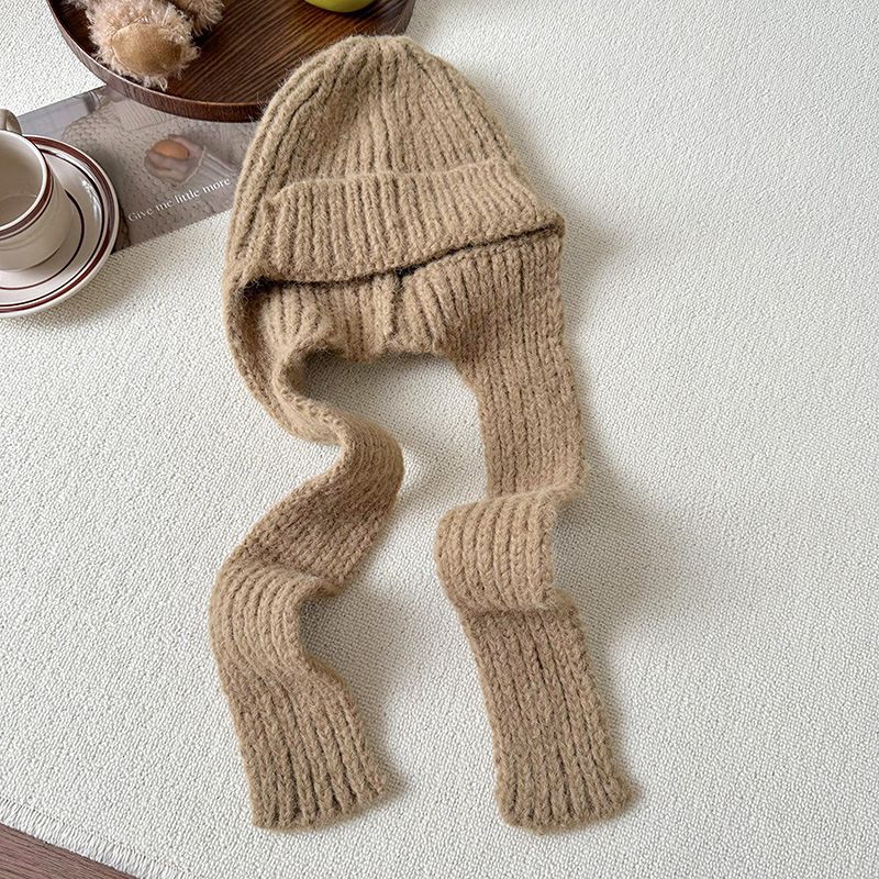 Fashion Khaki Polyester Knitted Scarf Integrated Beanie
