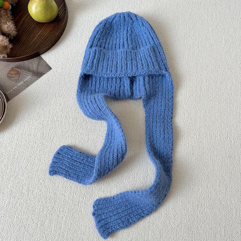 Fashion Blue Polyester Knitted Scarf Integrated Beanie