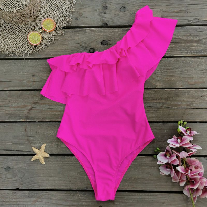 Fashion Rose Pink Double Layer Ruffled Sleeveless One-piece Swimsuit