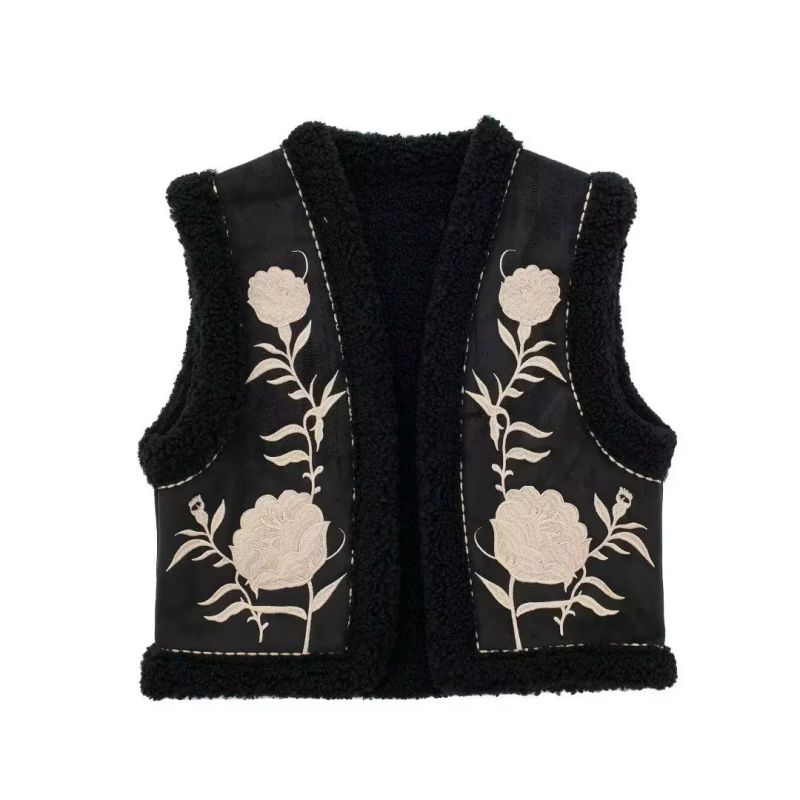 Fashion Black Blend Embroidered Reversible Vest Jacket