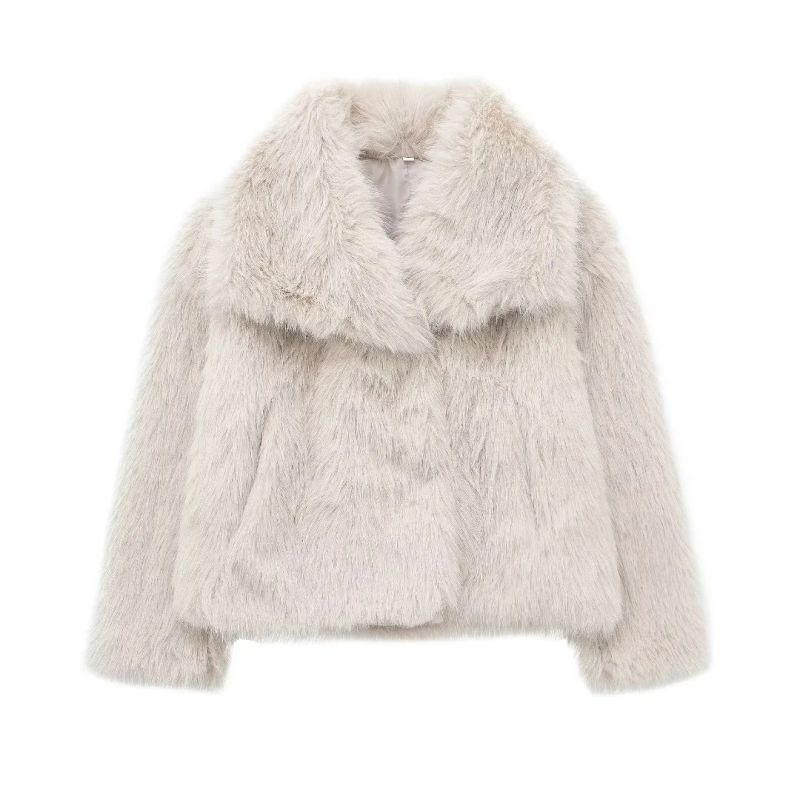 Fashion Off-white Faux Fur Lapel Jacket