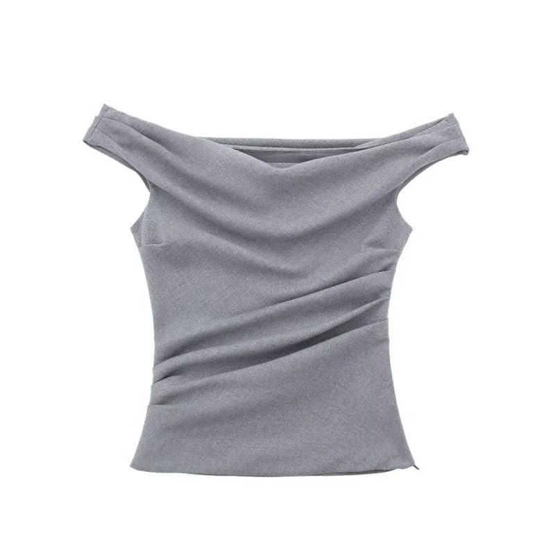 Fashion Light Gray Blended Pleated One-shoulder Top