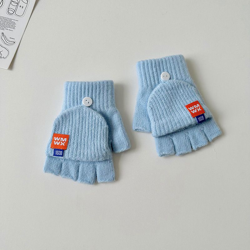 Fashion Blue Polyester Knitted Half Finger Flip Childrens Gloves