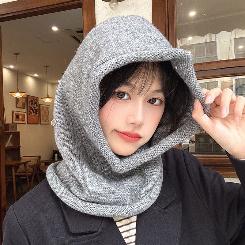 Fashion Grey Polyester Knitted Scarf Integrated Hood