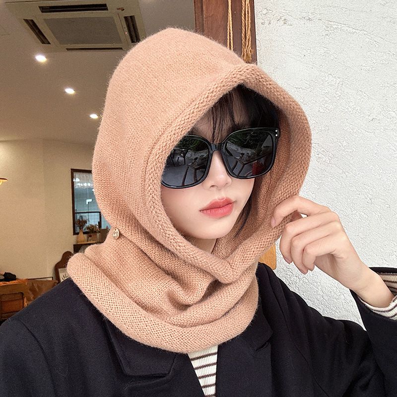Fashion Khaki Polyester Knitted Scarf Integrated Hood
