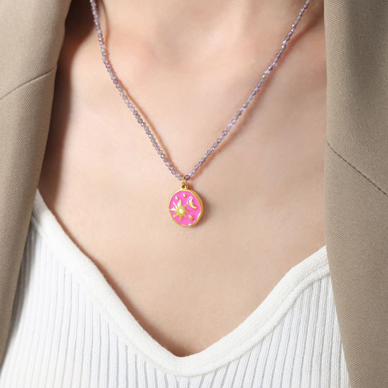 Fashion Pastel Glaze Necklace-40+7cm Titanium Steel Dripping Oil Sun And Moon Medallion Necklace