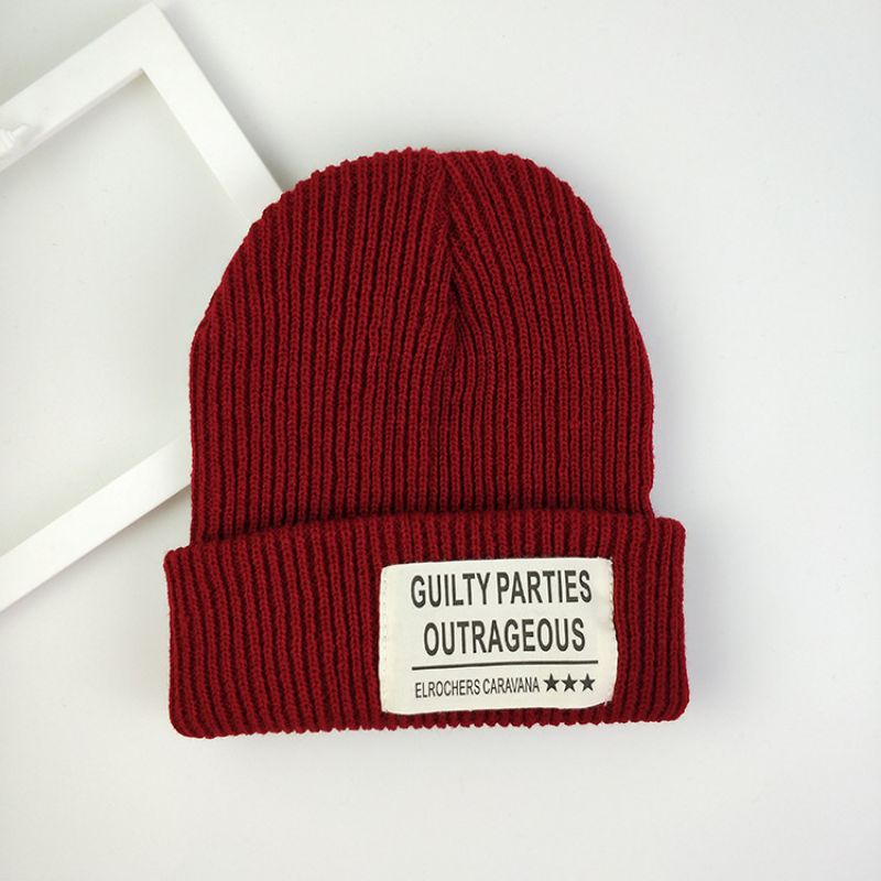 Fashion Maroon Red Acrylic Knitted Patch Beanie