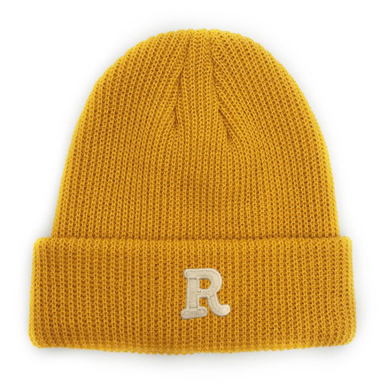 Fashion Yellow Acrylic Knitted Letter Embroidered Beanie