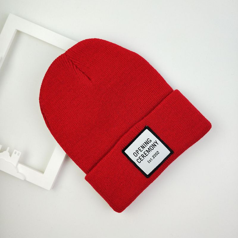 Fashion Bright Red Acrylic Knitted Patch Beanie