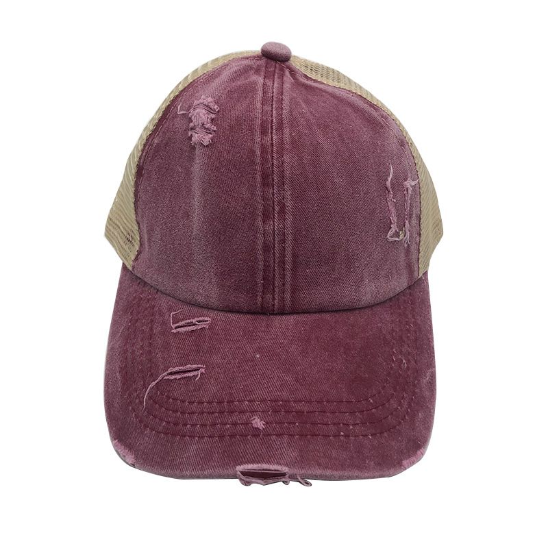 Fashion Burgundy-ponytail Hat Acrylic Hole Washed Baseball Cap