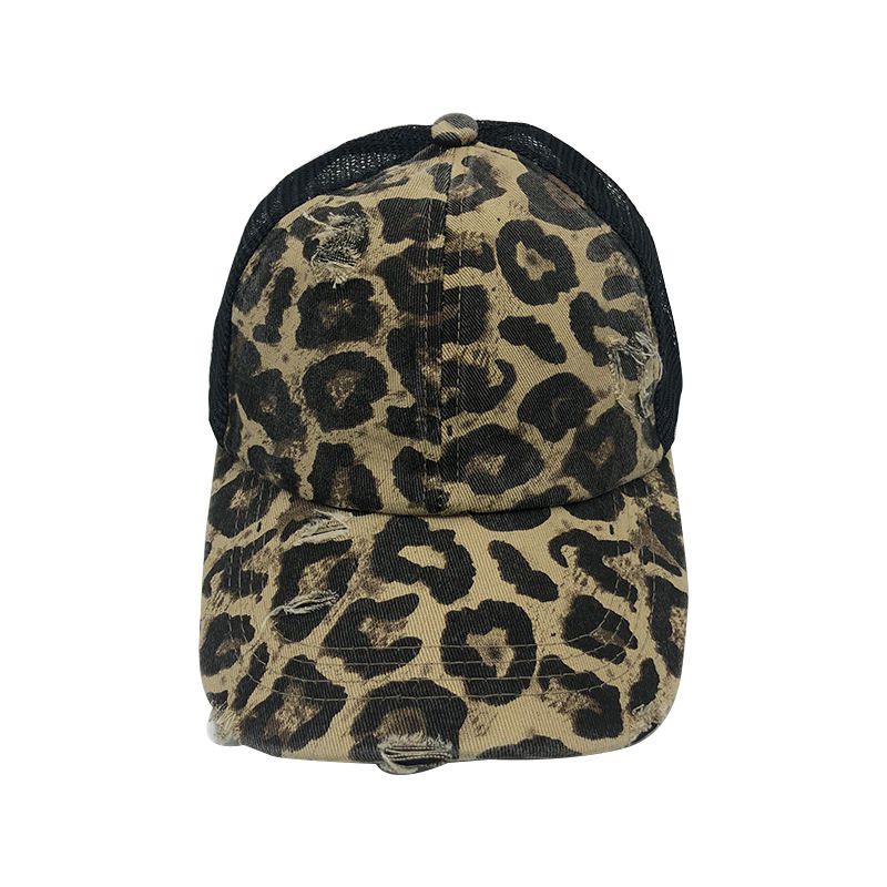 Fashion Brown Leopard Print-ponytail Hat Acrylic Hole Washed Baseball Cap