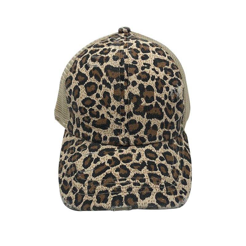 Fashion Yellow Leopard Print-ponytail Hat Acrylic Hole Washed Baseball Cap