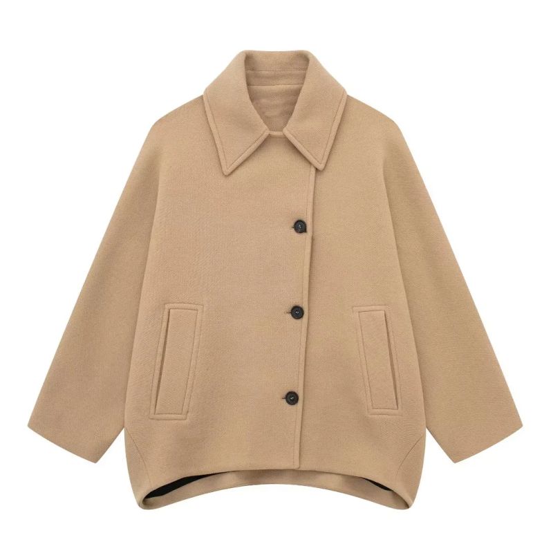 Fashion Khaki Wool-blend Buttoned Lapel Coat