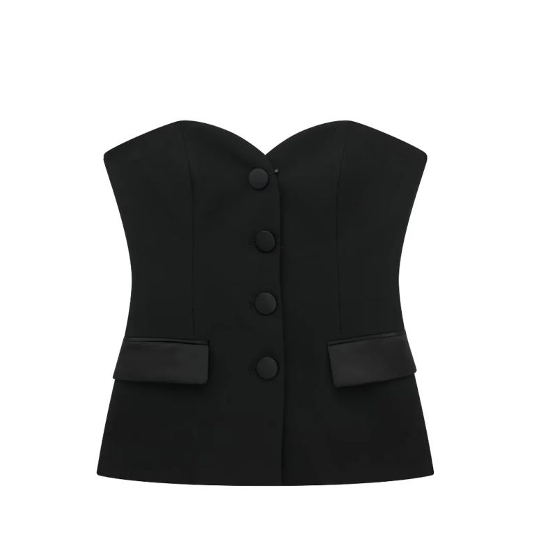 Fashion Black Blend Buttoned Top With Pockets