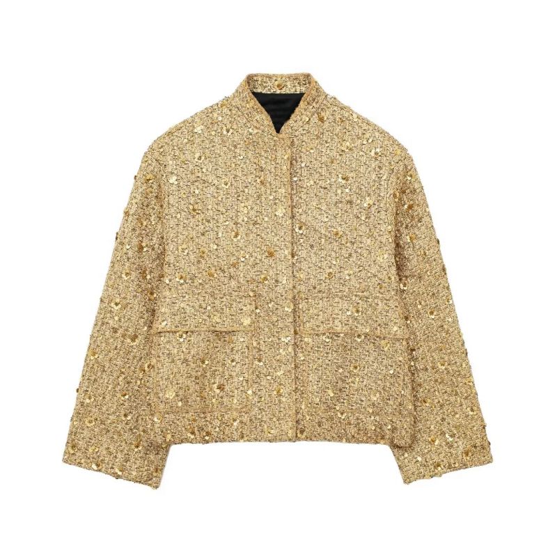 Fashion Golden Woolen Sequined Stand-collar Double-pocket Jacket