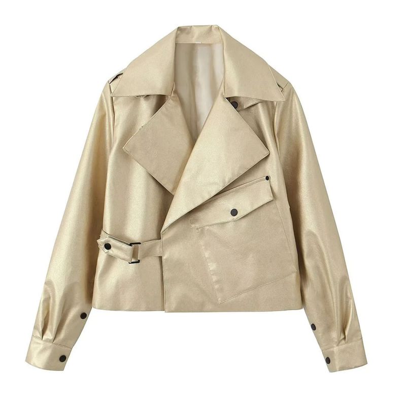 Fashion Golden Polyester Shiny Leather Lapel Jacket