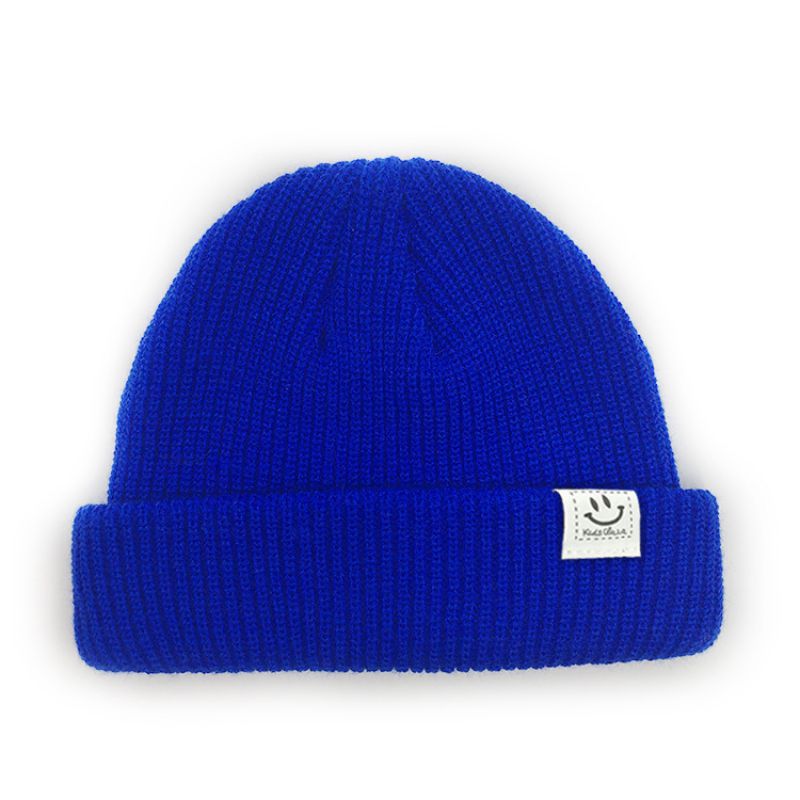 Fashion Blue Acrylic Knitted Smiley Patch Beanie