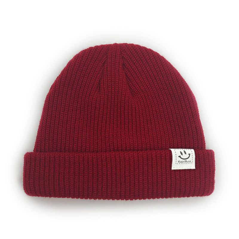 Fashion Claret Acrylic Knitted Smiley Patch Beanie