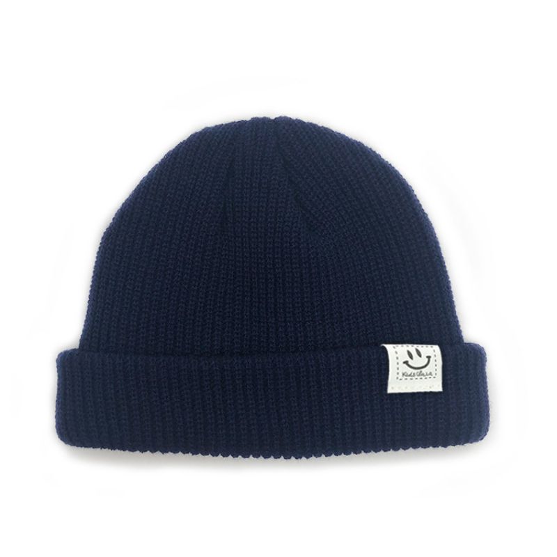 Fashion Navy Blue Acrylic Knitted Smiley Patch Beanie