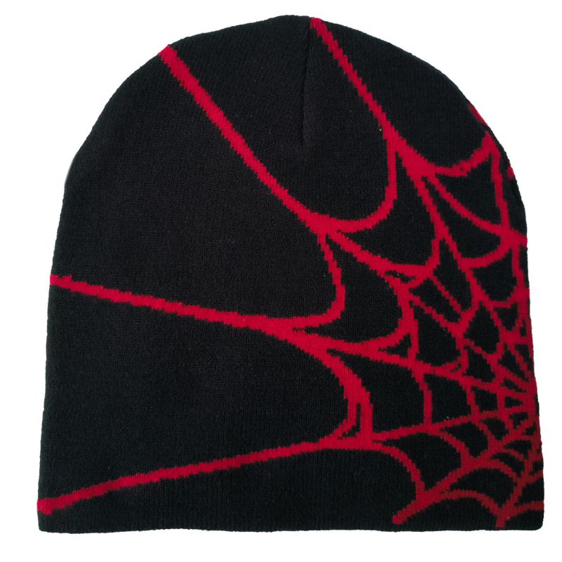 Fashion Black+dark Red Spider Web Jacquard Knitted Beanie
