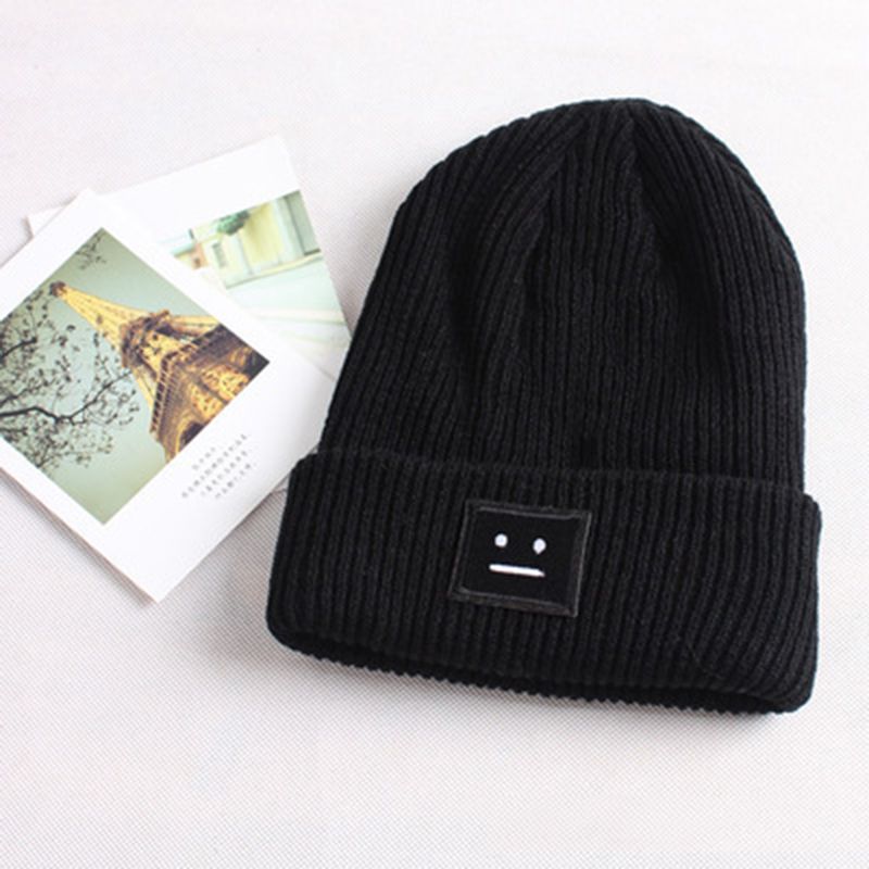 Fashion Black Acrylic Knitted Smiley Label Beanie