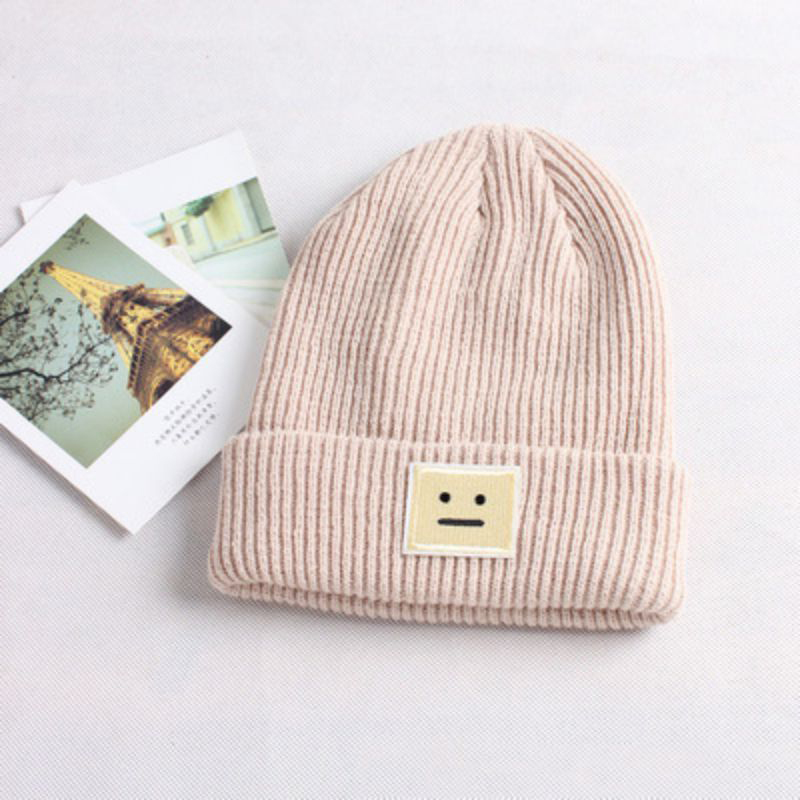 Fashion Beige Acrylic Knitted Smiley Label Beanie