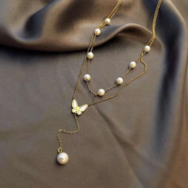 Fashion Gold Geometric White Shell Butterfly Pearl Double Layer Necklace