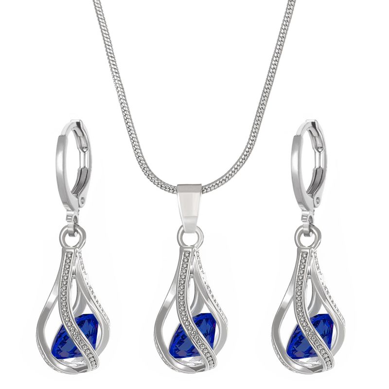 Fashion Ink-blue Colour Copper Inlaid Zirconium Rotating Drop Necklace Earrings Set
