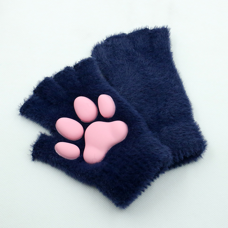 Fashion Gloves Navy Blue Pair Velvet Silicone Padded Cat Claw Fingerless Gloves