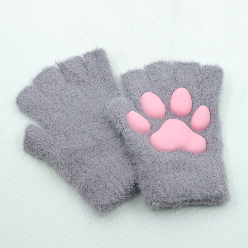 Fashion Gloves Gray Pair Velvet Silicone Padded Cat Claw Fingerless Gloves