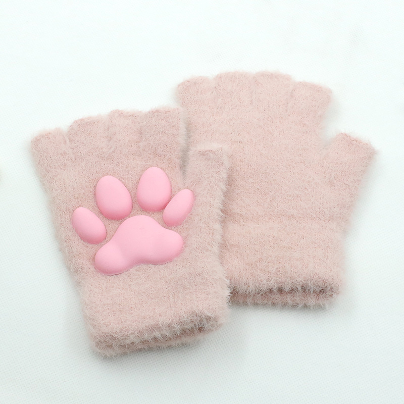 Fashion Gloves A Pair Of Pink Velvet Silicone Padded Cat Claw Fingerless Gloves