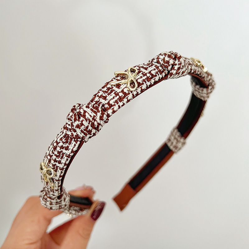 Fashion Brown Butterfly Knot Headband Metal Bow Fabric Knotted Thin Edge Headband