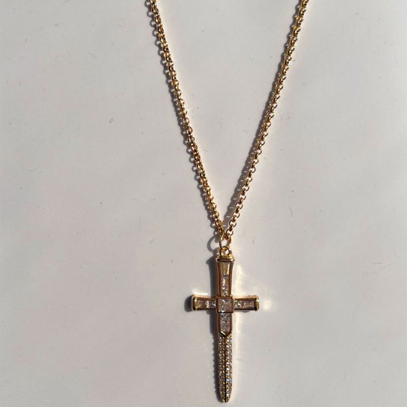 Fashion Gold Titanium Steel And Zirconium Cross Sword Necklace