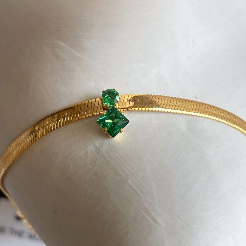 Fashion 37+5cm Emerald Necklace Copper Inlaid Zirconium Geometric Snake Bone Chain Necklace