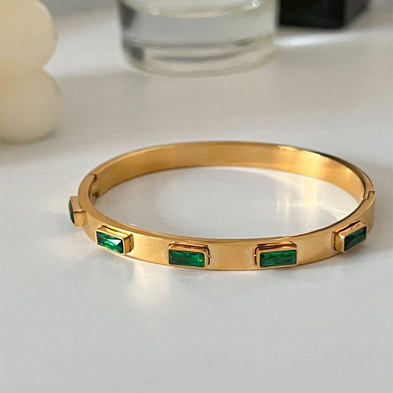 Fashion Green Titanium Steel Geometric Open Bracelet With Square Diamonds