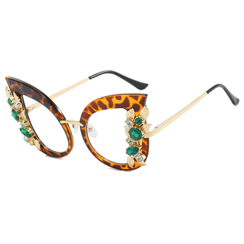 Fashion Leopard Print White Flakes Ac Diamond Butterfly Cat Eye Large Frame Sunglasses