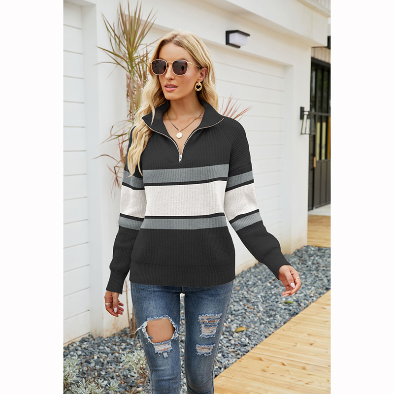 Fashion Black Nylon Knit Zipper Stand Collar Sweater