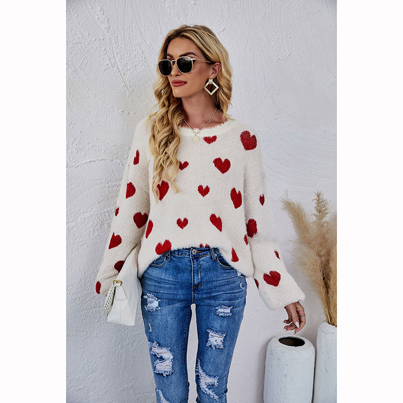 Fashion White Apricot Knitted Love Round Neck Pullover Sweater