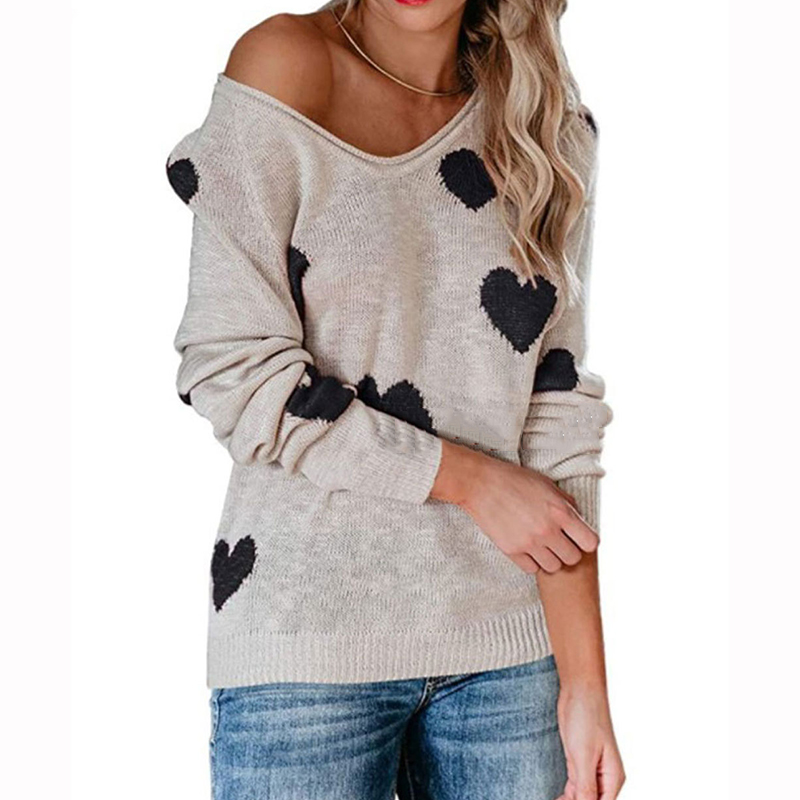 Fashion White And Black Love Jacquard V-neck Knitted Pullover Sweater