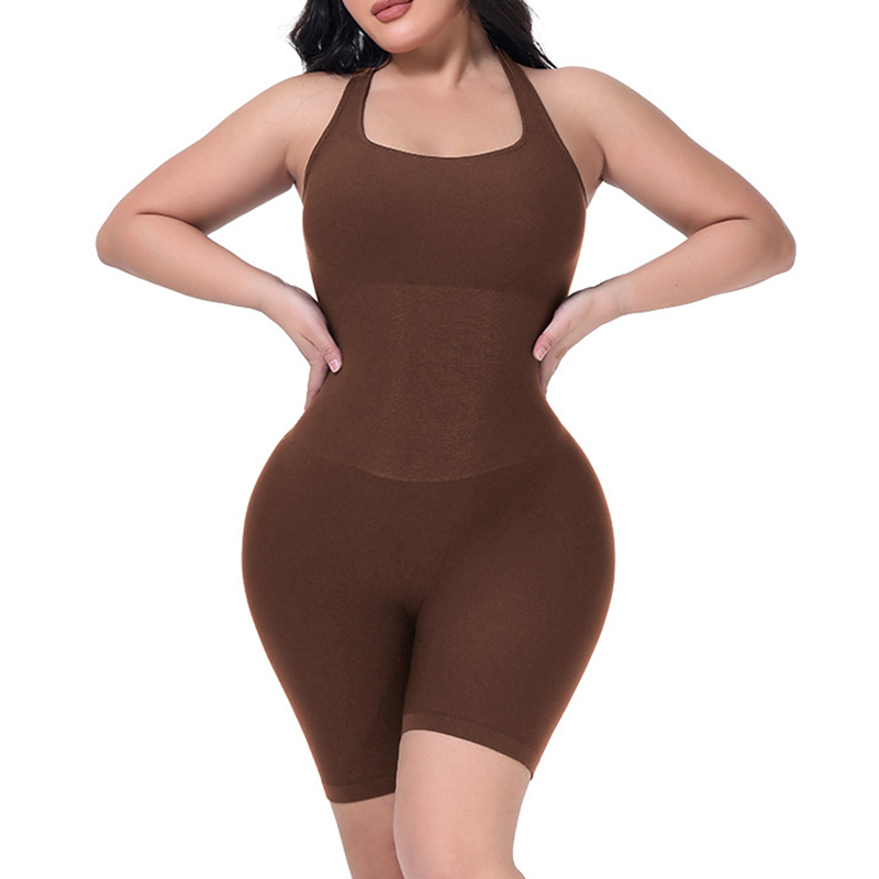 Fashion Brown Nylon Halterneck Tummy Control Body Shaping Jumpsuit