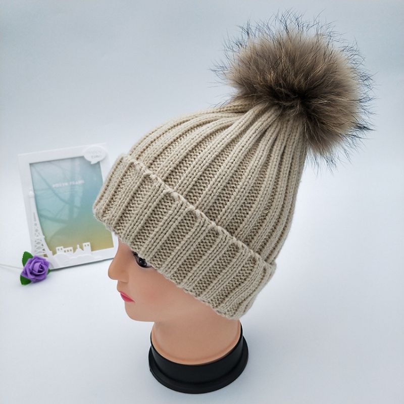 Fashion Beige Adult Size Acrylic Knitted Wool Ball Beanie