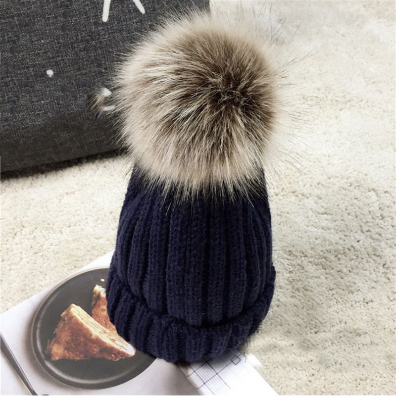 Fashion Navy Blue Childrens Model Acrylic Knitted Wool Ball Childrens Beanie