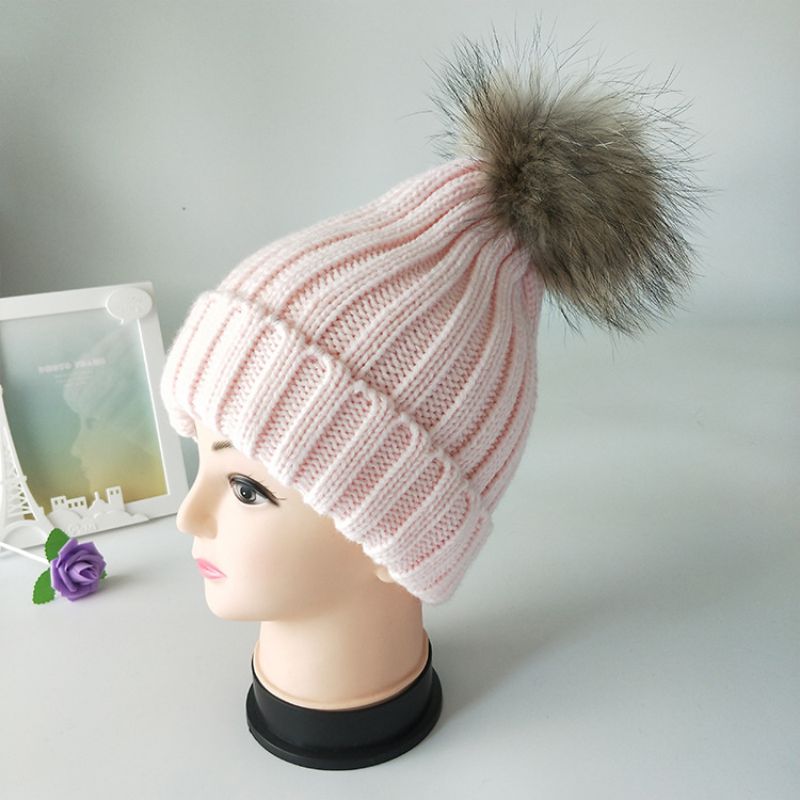 Fashion Pink Childrens Model Acrylic Knitted Wool Ball Childrens Beanie