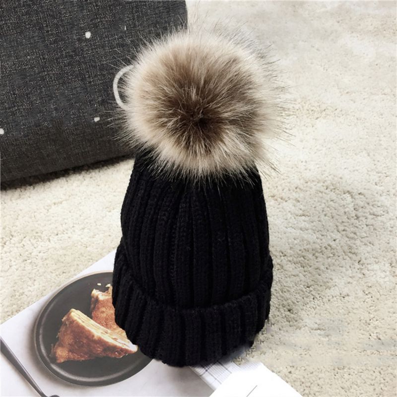 Fashion Black Baby Style Acrylic Knitted Wool Ball Childrens Beanie