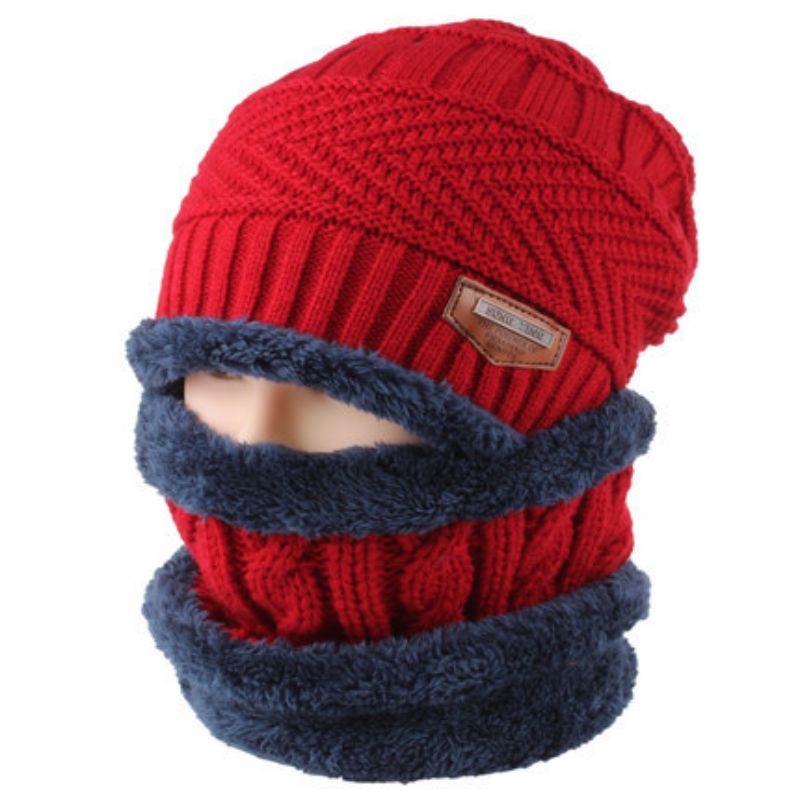 Fashion Claret Acrylic Knitted Label Beanie And Scarf Set