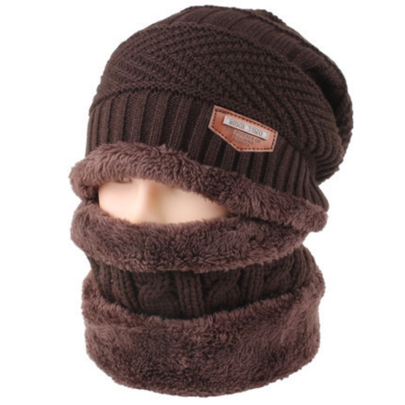 Fashion Coffee Acrylic Knitted Label Beanie And Scarf Set