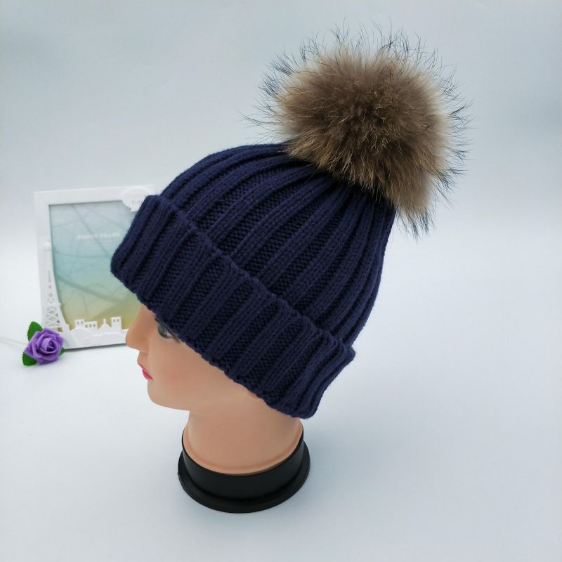 Fashion Navy Blue Acrylic Knitted Label Wool Ball Beanie