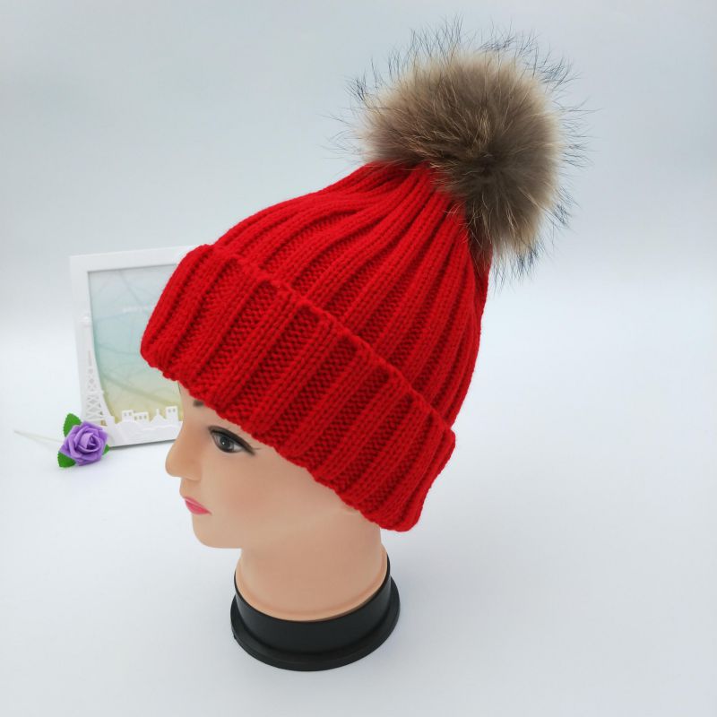Fashion Bright Red Acrylic Knitted Label Wool Ball Beanie