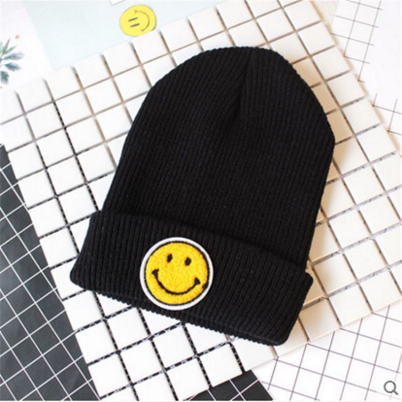 Fashion Black Smiley Face Patch Knitted Beanie